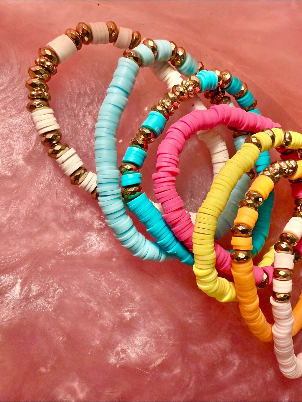 Colorful Stackable Heishi Bead Bracelet - Pink, Turquoise, Yellow